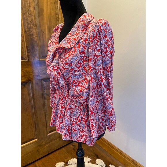 Chaps Blouse Womens Top Size Small Petite Red Paisley Peasant Elastic Waist - Picture 6 of 12